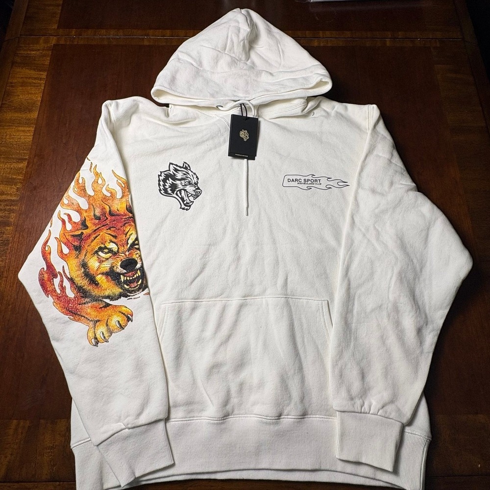 Darc Sport Wolves Club Premium Vintage Flame Wolf Hoodie White Size L